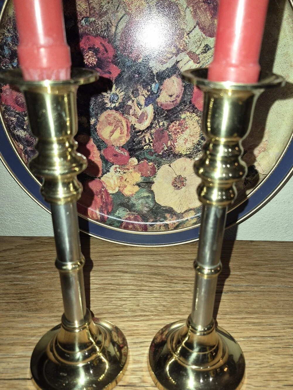2 Brass & Brushed Steel Candlesticks Holders 9.5